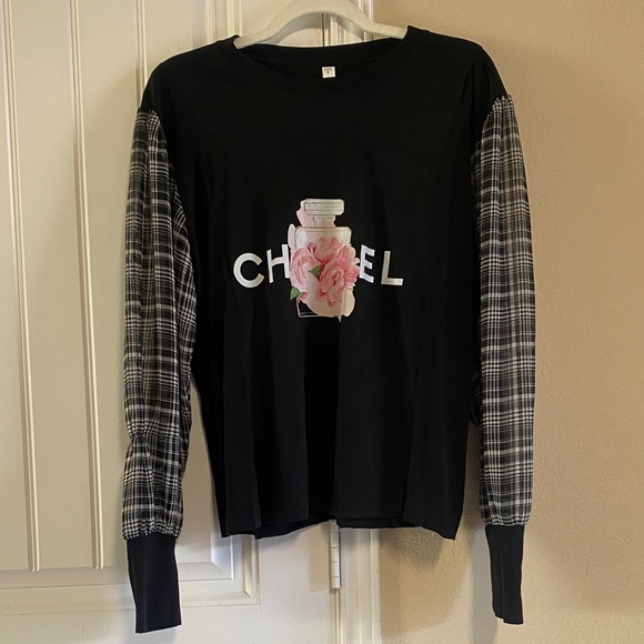 Tops - BNWT- Inspired Up-cycled- Black Long Sleeve w/Plaid Bell Sleeves- Sz S